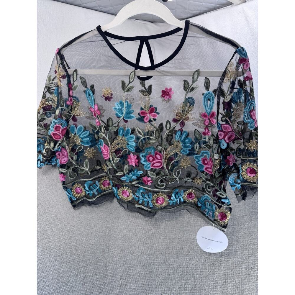 SHEIN VCAY Embroidered Floral Mesh Crop Top Women’s XL Black Sheer NWT - Picture 14 of 14